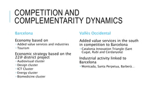COMPETITION AND
COMPLEMENTARITY DYNAMICS
Barcelona
Economy based on
 Added value services and industries
 Tourism
Economic strategy based on the
22@ district project
 Audiovisual cluster
 Design cluster
 ICT Cluster
 Energy cluster
 Biomedicine cluster
Vallès Occidental
Added value services in the south
in competition to Barcelona
 Catalonia Innovation Triangle (Sant
Cugat, Rubí and Cerdanyola)
Industrial activity linked to
Barcelona
 Montcada, Santa Perpetua, Barberà…
 