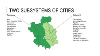 TWO SUBSYSTEMS OF CITIES
Terrassa
Rubí
Sant Cugat del Vallès
Vacarisses
Viladecavalls
Castellbisbal
Matadepera
Rellinars
Sant Llorenç Savall
Ullastrell
Gallifa
Sabadell
Cerdanyola
Montcada i Reixac
Ripollet
Badia del Vallès
Barberà del Vallès
Santa Perpètua de
Mogoda
Polinyà
Palau-Solità i
Plegamans
Sentmenat
Castellar del Vallès
Sant Quirze del Vallès
 