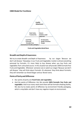 12
CBBEModel for FreshZone
Loyalty
Attachment
Good value, Secure
Trustworthy Positive social
Approval
Low Price, For Everyone,
Fresh and Health Conscious
Formalin Free People
Environment friendly packaging
Fruits and VegetablesRetail Store
Breadthand Depthof Awareness
We try to create Breadth and Depth of Awareness by our slogan ‘Because we
don’t sell disease.’ Nowadays in our Fruits and Vegetables market is almost everything
poisoned by Formalin, it’s more likely to buy disease when you buy fruits and
vegetables from untrusted source. In this situation we will provide 100% Formalin free
Fruits and Vegetables. Whenever someone see or watch our slogan ‘Because we don’t
sell disease.’ they will think about Formalin. Or whenever they think about Formalin,
they will remember our Brand Slogan and our Brand name.
Points of Parity and Difference
 Our points of parity are Fresh fruits and vegetables.
 And the points of Difference Are We provide 100% Formalin free fruits and
vegetables. And in our every retail store there will be Formalin checking facility.
We also try to create points of difference by environment friendly packaging,
which is recyclable and don’t have any negative impact on environment.
 
