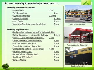 15
Phoenix gasoline Daang-hari
Goodyear Servitek
Shell gasoline station
Proximity to Car service centers:
oMazda Cavite 1 km
oFord Dasmarinas 1 km
oHyundai Dasmarinas 1.5 kms
oGoodyear Servitek 1.5 kms
oIsuzu Cavite 3 kms
oYokohama Tire Shop (near SM Molino) 4 kms
Proximity to gas stations:
oShell gasoline station – Aguinaldo Highway0.5 km
oCaltex Dasmarinas - Aguinaldo Highway 1.5kms
oPetron – Aguinaldo Highway (Dasma) 3 kms
oCaltex (infront of Robinson’s Imus) 3 kms
oJetti Gas Staion – Daang-Hari 3 kms
oPhoenix Gas Station – Daang-Hari 4 kms
oShell gasoline station – Molino (Rizal) 4 kms
oPetron – Molino (Rizal) 4 kms
oPetron (infront of SM Molino) 4 kms
oShell (near SM Molino) 4 kms
oCaltex – Molino 4 kms
In close proximity to your transportation needs…
 