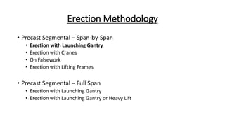 Erection Methodology
• Precast Segmental – Span-by-Span
• Erection with Launching Gantry
• Erection with Cranes
• On Falsework
• Erection with Lifting Frames
• Precast Segmental – Full Span
• Erection with Launching Gantry
• Erection with Launching Gantry or Heavy Lift
 