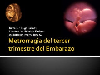 Metrorragia del tercer trimestre del Embarazo Tutor: Dr. Hugo Salinas Alumno: Int. Roberto Jiménez. 4ta rotación Internado O-G. 