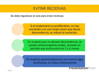 EVITAR RECIDIVAS
Si el endometrio es proliferativo, no hay
ovulación y es una mujer joven que desea
descendencia, se induce la ovulación.
En mujeres que no desean descendencia, se
pautan anticonceptivos orales, durante un
periodo que oscila entre los 3 y 6 meses
En mujeres posmenopáusicas con metrorragia
recidivante, se indica histerectomía
6/2/2017
Se debe regularizar el ciclo para evitar recidivas:
 
