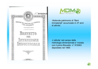 -Notevole patrimonio di “Beni
Immateriali” accumulato in 37 anni
di attivita’.
-L’attivita’ nel campo della
metrologia dimensionale e’ iniziata
con il primo Brevetto n° 915063
depositato nel 1969.
 