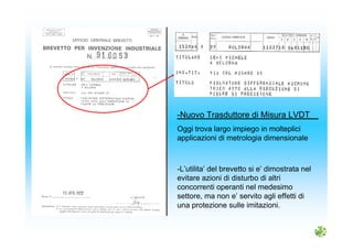 -L’utilita’ del brevetto si e’ dimostrata nel
evitare azioni di disturbo di altri
concorrenti operanti nel medesimo
settore, ma non e’ servito agli effetti di
una protezione sulle imitazioni.
-Nuovo Trasduttore di Misura LVDT
Oggi trova largo impiego in molteplici
applicazioni di metrologia dimensionale
 
