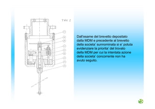 Dall’esame del brevetto depositato
dalla MDM e precedente al brevetto
della societa’ sunnominata si e’ potuta
evidenziare la priorita’ del trovato
della MDM per cui la intentata azione
della societa’ concorrente non ha
avuto seguito.
 