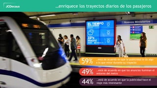 24
…enriquece los trayectos diarios de los pasajeros
59% ..está de acuerdo en que la publicidad le da algo
a lo que mirar durante su trayecto
49% ..está de acuerdo en que los anuncios iluminan el
entorno del metro
44% ..está de acuerdo en que la publicidad hace el
viaje más interesante
 