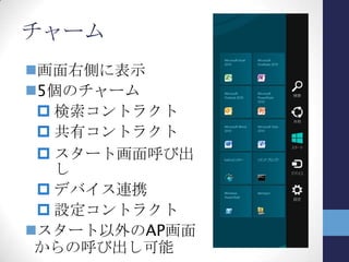 画面解像度
最低解像度 1024×768
推奨解像度 1366×768
 両者の差(342×768)はスナップの表
示のため
• スナップ表示とは？
画面の左右の端に常駐させる形の表示形式
推奨解像度未満の場合、スナップは利用不可
 