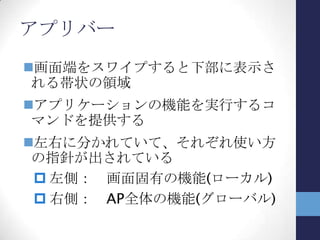 アプリバーの領域
表示されている画面に拠ら
ないグローバルな機能
表示されている画面に
拠るローカルな機能
 