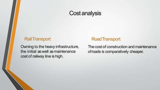 Costanalysis
RailTransport
Owning to the heavy infrastructure,
the initial aswell asmaintenance
cost of railway line is high.
RoadTransport
Thecost of construction and maintenance
ofroads is comparatively cheaper.
 