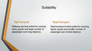 Suitability
RailTransport
Railways are best suited for carrying
heavy goods and large number of
passengers over long distance..
RoadTransport
Roadtransport is best suited for carrying
lighter goods and smaller number of
passenger over shorterdistance.
 