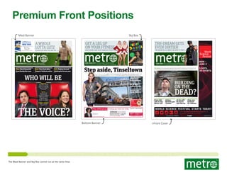 Premium Front Positions
Mast Banner
The All New Revel Card.

REAL BENEFITS.

REAL FAST.
3X Tier Points & Resort Dollars Every day in January.

revelcasino.com
Some restrictions apply. See Revel Card Desk or revelcasino.com
for complete details. Gambling Problem? Call 1-800-GAMBLER.

Sky Box

GET A LEG UP
ON YOUR FITNESS

A WHOLE
LOTTA LUTZ

KELLAN TALKS ABOUT SEX AND TRX.

PAGES 10-16

EIGHT HOURS A DAY TO GET GAMS LIKE THESE!

December 6 – January 5

r Sin
Circus De

PAGES 24-25
-25
5

THE-DREAM GETS
EVEN DIRTIER

THE SINGER TELLS US ABOUT HIS LATEST ‘IV PLAY.’

ne

INFINITE IDEAS
INFINITE INSPIRATION

PAGE 15

ART: TOM SLAUGHTER

NEW YORK CITY’S #1 FREE DAILY NEWSPAPER
R

NEW YORK CITY’S #1 FREE DAILY NEWSPAPER

Wednesday, December 4, 2013 www.metro.us | t: MetroNew York | f: MetroNewYork
NewYork

Wednesday, January 8, 2014 www.metro.us | t: MetroNew York | f: MetroNewYork

Films. Meryl Streep felt
lousy filming this scene
PAGE 11

Home. Drew Scott offers
‘Property’ Brotherly advice
PAGE 14

Style. Fashion-forward
thinking for the new year
PAGE 15

WHO WILL BE

®

Step aside, Tinseltown

Wednesday, May 29, 2013 www.metro.us | t: MetroNewYork | f: MetroNewYork

City of ghosts. Community groups ﬁghting the destruction of the Mary Help of Christians Church
in the East Village recently discovered that the historic church was built on an old cemetery. PAGE 02

NTSB: Train
brakes working

BUILDING
ON THE

PAGE 04

We all know
Perlman’s name
Yankees sign
Jacoby Ellsbury
PAGE 28

Andrew Berman with the Greenwich Village Society for Historic Preservation is one the community members ﬁghting the destruction of the church. / AARON ADLER

The backlot at Kaufman Astoria Studios opened Tuesday. Dasha Polanco, left, from “Orange Is the New Black”
was in attendance for the inauguration. The Netﬂix series is shot at the Queens studio. / GETTY IMAGES

[The difference]
—Hanan Mountajy,
AS, Business ‘13
Military Veterans, ask about Operation Tuition Freedom.

is turning your vision into reality.

To learn more, visit
macys.com/believe

mcny.edu 1-800-33-THINK

Bronx kids
rally to stop
library cuts

Jordana
On the pill?
Brewster gets Be sure to
‘Furious’
take this too

Pimp your
backyard
for cookouts

PAGE 03

360,588
LETTERS
RECEIVED!

Bottom Banner

The Mast Banner and Sky Box cannot run at the same time.

DEAD?

PAGE 14

Top Two.
Councilman Dan
Garodnick and
Councilwoman Melissa
Mark-Viverito have
been duking it out
as the front-runners
for the coveted job.

THE VOICE?

5 DAYS.
50 EVENTS.

Doing Hollywood-style. Kaufman Astoria Studios opened NYC’s ﬁrst backlot, giving ﬁlmmakers an area to shoot
Doing it Hollywoo
create
outdoors and crea special eﬀects. Big-budget. It’s the latest example of the city’s growing ﬁlm industry. PAGE 02

Biggest Mic.
City Council will vote
for their next Speaker
today, the second most
powerful position
in City Hall.

De Blasio’s right-hand.
Who is expected
to win? PAGE 02

NOW –
JUNE 2

NEW YORK NYC’S #1 FREE DAILY NEWSPAPER

THE NEW VICTORY ® THEATER
NewVictory.org

PAGE 12

PAGE 16

OPEN

Visit worldsciencefestival.com for a
complete schedule of events.

Saturday, December 7, 11am-2pm
Manhattan: 431 Canal Street (off Varick)
Bronx: 529 Courtlandt Avenue 2 5

PAGE 19

WORLD SCIENCE FESTIVAL STARTS TODAY!

The Difference is Working.

Tweet & Instagram @worldscifest #WSF13 / Check in on

J-Front Cover

/ Download our app

 