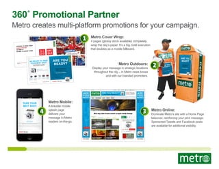 360˚ Promotional Partner

Metro creates multi-platform promotions for your campaign.
NEW YORK • Weekend,

NEW YORK • Weekend, June 1-3, 2012

1

October 14-16, 2011

Make the guard laugh
for the chance to win a trip to London.

Metro Cover Wrap:

4 pages (glossy stock available) completely
wrap the day’s paper. It’s a big, bold execution
that doubles as a mobile billboard.

Pop on over to Union Square on June 2nd from 11am-4pm
for a chance to win a trip to London for you and a friend.

May 17-19, 2013

CAMERAS
CANON POWERSHOT
LOGY.
WITH WIRELESS TECHNO

NEW YORK • Weekend,

ARE YOU
READY?

BE READY TO TAKE
YOUR BEST SHOT.

© 2012 Virgin Atlantic Airways Ltd. All rights reserved. No purchase necessary. Win one of 10 pairs of tickets (20 total) from NYC to London ($8,000 value). Persons who are 18
years or older are eligible to enter. See Ofﬁcial Rules for details at http://www.virgin-atlantic.com/us/en/usaterms.html

TAKE YOUR BEST
SHOT MAY 16-17.

PowerShot N Camera

various
captures images at
This pocket-sized camera your shots with ﬁve ﬁlters
stylize
angles and lets you
Shot mode.
with its unique Creative

ADY

USA.CANON.COM/BERE

PowerShot
S110 Camera
Captures your shots
with radiant color, even
in low-light conditions.

PowerShot
SX280 HS Camera
Captures up-closeand-personal shots
with its powerful 20X
optical zoom and 25mm
wide-angle lens.

PowerShot
PowerShot
ELPH 330 HS Camera
ELPH 530 HS Camera
With its Intelligent IS,
A wide touch panel
capture clear, steady images
LCD helps make shooting
in low-light situations.
easy and intuitive.

PowerShot
ELPH 130 IS Camera

Metro Outdoors:

Display your message in strategic locations
throughout the city – in Metro news boxes
and with our branded promoters.

2

ARE YOU
READY?

NEW YORK • Weekend,
May 17-19, 2013

We’ll be giving away a total of 20 tickets to London and all
you have to do is make our London guard laugh. Good luck!
#unionjacksquare

TAKE YOUR BEST
SHOT MAY 16-17.
USA.CANON.COM/BEREADY

Its Smart AUTO feature
applies one of 32 preset
modes so you’re ready
to shoot.

EADY

USA.CANON.COM/BER
© 2013 Canon U.S.A.,

Inc. All rights reserved.

Canon, ELPH, and PowerShot

are registered trademarks

of Canon Inc. in the

Metro Mobile:

TAKE YOUR
BEST SHOT.

4
ARE YOU READY?
Anything can happen in a New York minute. Whether you’re on the train to work or out for a
night on the town, you never quite know what experiences await.
Be ready for anything with the PowerShot N camera, pocket-sized with a ﬂip-up screen and
powerful zoom that lets you capture extraordinary images from many angles. Stylize your shots
with its Creative Shot mode then upload instantly* thanks to built-in wireless technology.

*Uploading images using wireless technology requires set-up prior to use.

USA.CANON.COM/BEREADY

United States.

A linkable mobile
splash page
delivers your
message to Metro
readers on-the-go.

3

Metro Online:

Dominate Metro’s site with a Home Page
takeover, reinforcing your print message.
Sponsored Tweets and Facebook posts
are available for additional visibility.

 