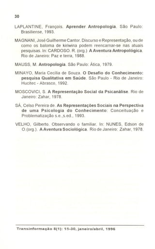 30
LAPLANTINE, François. Aprender Antropologia. São Paulo:
Brasiliense, 1993.
MAGNANI, JoséGuilherme Cantor. Discursoe Representação,oude
como os baloma de kiriwina podem reencarnar-se nas atuais
pesquisas. In: CARDOSO. R. (org.) A Aventura Antropológica.
Rio de Janeiro: Paz e terra, 1988.
MAUSS, M. Antropologia. São Paulo: Ática, 1979.
MINAYO, Maria Cecília de Souza. O Desafio do Conhecimento:
pesquisa Qualitativa em Saúde. São Paulo - Rio de Janeiro:
Hucitec -Abrasco, 1992.
MOSCOVICI, S. A Representação Social da Psicanãlise. Rio de
Janeiro: Zahar, 1978.
sÁ, Celso Pereira de. As Representações Sociais na Perspectiva
de uma Psicologia do Conhecimento: Conceituação e
Problematização s.e.,s.ed., 1993.
VELHO, Gilberto. Observando o familiar. In: NUNES, Edson de
O.(org.). AAventura Sociológica. Riode Janeiro: Zahar, 1978.
I
,
I
i
I
~
d
1
Transinformação8(1): 15-30, janeiro/abril, 1996
 