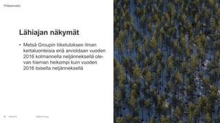 • Metsä Groupin liiketuloksen ilman
kertaluonteisia eriä arvioidaan vuoden
2016 kolmannella neljänneksellä ole-
van hieman heikompi kuin vuoden
2016 toisella neljänneksellä
4/8/2016 Metsä Group38
Lähiajan näkymät
Yhteenveto
 