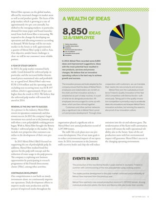 Metsä Fibre operates on the global market,
affected by structural changes in market areas
as well as end product grades. The focus of the
pulp market, which is growing at a rate of
approximately two per cent annually, has
shifted to the emerging markets; in particular,
demand for tissue paper and board manufac­
tured from fresh forest fibre is increasing. We
respond to the changes by developing our
operations and allocating resources according
to demand. While Europe will be our main
market in the future as well, approximately
a quarter of Metsä Fibre's pulp is sold to Asia.
Our objective amidst future challenges is
clear: we will be our customers' most reliable
partner.
A YEAR OF STEADY GROWTH

In 2013, the pulp market remained fairly
stable. Good demand for softwood pulp, in
particular, and the increased dollar-denom­
inated prices maintained sales and profitabil­
ity at a good level. Metsä Fibre's sales were
EUR 1,314 million and the operating result
excluding non-recurring items was EUR 197
million, which is approximately 30 per cent
higher than the result in 2012. We believe that
the softwood pulp market will remain bal­
anced in 2014.
RENEWAL IS THE ONLY WAY TO SUCCESS

As a pioneer in the industry, Metsä Fibre
renews its operations continuously and thus
ensures success. In 2013 the company's largest
investment was carried out at the Joutseno pulp
mill where a new polysulphide cooking process
began. With it, ­­Metsä­Fibre brought the Botnia
Nordic+ softwood pulps to the market. They
include new properties that customers can
utilise in the development of their own pro­
cesses.
In 2013 Metsä Fibre’s R&D focused on
supporting the use of polysulphide pulp. In
addition, Metsä Fibre studied fossil-free
options for the pulp mill concept and the
reduction of water usage in the pulp process.
The company is exploring new business
opportunities by participating in research
programmes of the Finnish bioeconomy
cluster (Fibic), among other activities.
CONTINUOUS DEVELOPMENT

Our competitiveness is not built on timely
investments alone; we continuously improve
our operations. Daily development efforts to
improve steady-state production and the
pursuit of improved results throughout the

A WEALTH OF IDEAS

8,850 IDEAS
12.6/EMPLOYEE
	 Safety observations 
	 Usability observations 
	Initiatives
	 Environmental observations
	 Use of auditions
	 Innovation forum portal
	Inventions

In 2013, Metsä Fibre recorded some 8,850
ideas and improvement suggestions. Ideas
with the most potential have resulted in
new products, services and process
changes. We believe that an innovative
operating culture is the best way to achieve
growth and success.
The innovation process and tools adopted by the
company ensure that the ideas of Metsä Fibre's
employees and stakeholders are not left on
the shelf, and that innovation activity is
established as part of daily routines; it is part
of what we do alongside production. All
employees are encouraged to come up with
ideas, which are then refined together.
Customers and other partner networks
play a significant role in Metsä Fibre's product and process development. Through close

organisation played a significant role in ­
Metsä Fibre's new annual production record of
2,297,000 tonnes.
The mills’ life-cycle plans steer our pro­
cesses development. One of our main goals is
to reduce environmental impacts of our opera­
tions. In 2014, investments in the ­Joutseno
mill’s recovery boiler and chip silo will reduce

cooperation with customers, we can translate
their needs into new products and services.
Metsä Fibre won the Laatukeskus Excellence Finland's Quality Innovation of the Year
2013 competition with Botnia Nordic+ softwood pulp. Taking part in the quality innovation competition is primarily a way to accelerate
ideas into innovations and sharpen Metsä Fibre's
innovation activities, but winning the award is
also proof of our innovation culture.

emissions into the air and odorous gases. The
modernisation of the Kemi mill’s automation
system will ensure the mill's opera­tional reli­
ability also in the future. State-of-the-art
production units with low environmental
impact will guarantee Metsä Fibre's success in
the changing operating environment.

EVENTS IN 2013
The production of the new Botnia Nordic+ pulps started in Joutseno, Finland in
summer with commissioning of the new polysulphide-using cooking process.
The stable positive development in the pulp market continued and profitability of
Metsä Fibre improved from the previous year.
Metsä Fibre reached a new annual production record of 2,297,000 tonnes. Among
individual production plants, the Kemi and Rauma mills also broke their records.

METSÄ FIBRE 2013  ﻿  5

 