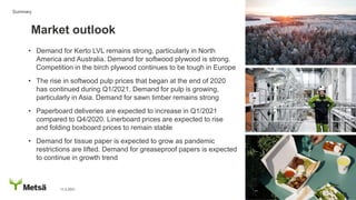 • Demand for Kerto LVL remains strong, particularly in North
America and Australia. Demand for softwood plywood is strong.
Competition in the birch plywood continues to be tough in Europe
• The rise in softwood pulp prices that began at the end of 2020
has continued during Q1/2021. Demand for pulp is growing,
particularly in Asia. Demand for sawn timber remains strong
• Paperboard deliveries are expected to increase in Q1/2021
compared to Q4/2020. Linerboard prices are expected to rise
and folding boxboard prices to remain stable
• Demand for tissue paper is expected to grow as pandemic
restrictions are lifted. Demand for greaseproof papers is expected
to continue in growth trend
11.2.2021 22
Market outlook
Summary
 