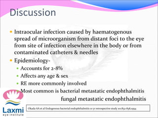 Discussion
 Intraocular infection caused by haematogenous
spread of microorganism from distant foci to the eye
from site of infection elsewhere in the body or from
contaminated catheters & needles
 Epidemiology-
 Accounts for 2-8%
 Affects any age & sex
 RE more commonly involved
 Most common is bacterial metastatic endophthalmitis
fungal metastatic endophthalmitis
Okada AA et al Endogenous bacterial endophthalmitis 10 yr retrospective study 101:832-838,1994
 