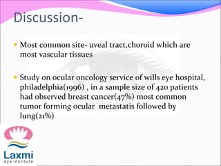 Discussion-
 Most common site- uveal tract,choroid which are
most vascular tissues
 Study on ocular oncology service of wills eye hospital,
philadelphia(1996) , in a sample size of 420 patients
had observed breast cancer(47%) most common
tumor forming ocular metastatis followed by
lung(21%)
 