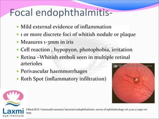 Focal endophthalmitis-
 Mild external evidence of inflammation
 1 or more discrete foci of whitish nodule or plaque
 Measures 1-3mm in iris
 Cell reaction , hypopyon, photophobia, irritation
 Retina –Whitish emboli seen in multiple retinal
arterioles
 Perivascular haemmorrhages
 Roth Spot (inflammatory infiltration)
J Mark,M.D. Greenwald metstatic bacterial endophthalmitis: survey of ophthalmology vol 31:no.2/;sept-oct
1999
 