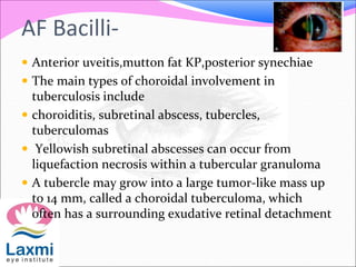AF Bacilli-
 Anterior uveitis,mutton fat KP,posterior synechiae
 The main types of choroidal involvement in
tuberculosis include
 choroiditis, subretinal abscess, tubercles,
tuberculomas
 Yellowish subretinal abscesses can occur from
liquefaction necrosis within a tubercular granuloma
 A tubercle may grow into a large tumor-like mass up
to 14 mm, called a choroidal tuberculoma, which
often has a surrounding exudative retinal detachment
 