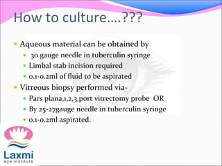 How to culture….???
 Aqueous material can be obtained by
 30 gauge needle in tuberculin syringe
 Limbal stab incision required
 0.1-0.2ml of fluid to be aspirated
 Vitreous biopsy performed via-
 Pars plana,1,2,3,port vitrectomy probe OR
 By 25-27gauge needle in tuberculin syringe
 0.1-0.2ml aspirated.
 