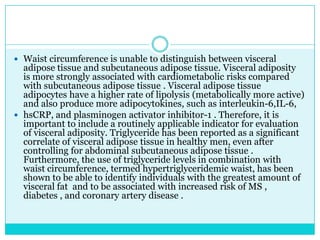  Waist circumference is unable to distinguish between visceral

adipose tissue and subcutaneous adipose tissue. Visceral adiposity
is more strongly associated with cardiometabolic risks compared
with subcutaneous adipose tissue . Visceral adipose tissue
adipocytes have a higher rate of lipolysis (metabolically more active)
and also produce more adipocytokines, such as interleukin-6,IL-6,
 hsCRP, and plasminogen activator inhibitor-1 . Therefore, it is
important to include a routinely applicable indicator for evaluation
of visceral adiposity. Triglyceride has been reported as a significant
correlate of visceral adipose tissue in healthy men, even after
controlling for abdominal subcutaneous adipose tissue .
Furthermore, the use of triglyceride levels in combination with
waist circumference, termed hypertriglyceridemic waist, has been
shown to be able to identify individuals with the greatest amount of
visceral fat and to be associated with increased risk of MS ,
diabetes , and coronary artery disease .

 