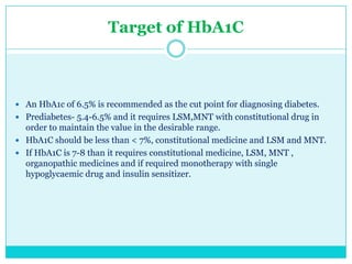 Target of HbA1C

 An HbA1c of 6.5% is recommended as the cut point for diagnosing diabetes.
 Prediabetes- 5.4-6.5% and it requires LSM,MNT with constitutional drug in

order to maintain the value in the desirable range.
 HbA1C should be less than < 7%, constitutional medicine and LSM and MNT.
 If HbA1C is 7-8 than it requires constitutional medicine, LSM, MNT ,
organopathic medicines and if required monotherapy with single
hypoglycaemic drug and insulin sensitizer.

 