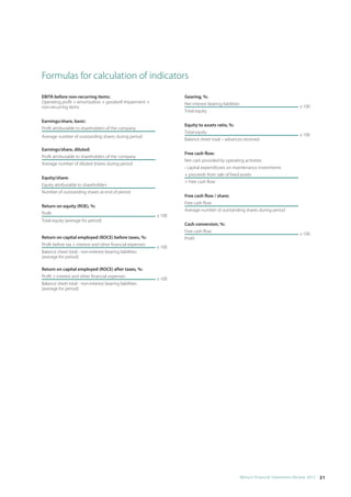 Formulas for calculation of indicators
EBITA before non-recurring items:                                   Gearing, %:
Operating profit + amortization + goodwill impairment +             Net interest bearing liabilities
non-recurring items                                                                                                                   x 100
                                                                    Total equity

Earnings/share, basic:
                                                                    Equity to assets ratio, %:
Profit attributable to shareholders of the company
                                                                    Total equity
Average number of outstanding shares during period                                                                                    x 100
                                                                    Balance sheet total – advances received

Earnings/share, diluted:
                                                                    Free cash flow:
Profit attributable to shareholders of the company
                                                                    Net cash provided by operating activities
Average number of diluted shares during period
                                                                    - capital expenditures on maintenance investments
                                                                    + proceeds from sale of fixed assets
Equity/share:
                                                                    = Free cash flow
Equity attributable to shareholders
Number of outstanding shares at end of period
                                                                    Free cash flow / share:
                                                                    Free cash flow
Return on equity (ROE), %:
                                                                    Average number of outstanding shares during period
Profit
                                                            x 100
Total equity (average for period)
                                                                    Cash conversion, %:
                                                                    Free cash flow
                                                                                                                                      x 100
Return on capital employed (ROCE) before taxes, %:                  Profit
Profit before tax + interest and other financial expenses
                                                            x 100
Balance sheet total - non-interest bearing liabilities
(average for period)

Return on capital employed (ROCE) after taxes, %:
Profit + interest and other financial expenses
                                                            x 100
Balance sheet total - non-interest bearing liabilities
(average for period)




                                                                                                       Metso’s Financial Statements Review 2012  21
 