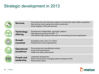 Strategic development in 2013

Services

Technology
offering

Acquisitions and a new JV in China
Development of area organizations

Operational
excellence

Procurement and cost-efficiency actions
Gross profit improvement
Health and safety performance

People and
leadership

© Metso

Development of MetsoDNA automation platform
High-pressure grinding mill (HRC ™)
Cost efficient high pressure ball valve for demanding shut-down applications

Growth
countries

12

We became the only full-scope supplier of comminution wears (Sabo acquisition)
New services hubs opened and under construction
Good progress in life-cycle services

Leadership development
Share of personnel in emerging market increased to 46%
Performance culture

 