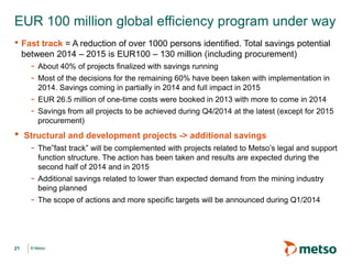 EUR 100 million global efficiency program under way
• Fast track = A reduction of over 1000 persons identified. Total savings potential
between 2014 – 2015 is EUR100 – 130 million (including procurement)

-

•

About 40% of projects finalized with savings running

EUR 26.5 million of one-time costs were booked in 2013 with more to come in 2014
Savings from all projects to be achieved during Q4/2014 at the latest (except for 2015
procurement)

Structural and development projects -> additional savings

-

21

Most of the decisions for the remaining 60% have been taken with implementation in
2014. Savings coming in partially in 2014 and full impact in 2015

The”fast track” will be complemented with projects related to Metso’s legal and support
function structure. The action has been taken and results are expected during the
second half of 2014 and in 2015
Additional savings related to lower than expected demand from the mining industry
being planned
The scope of actions and more specific targets will be announced during Q1/2014

© Metso

 