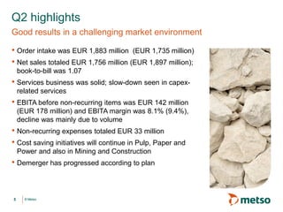 © Metso© Metso
• Order intake was EUR 1,883 million (EUR 1,735 million)
• Net sales totaled EUR 1,756 million (EUR 1,897 million);
book-to-bill was 1.07
• Services business was solid; slow-down seen in capex-
related services
• EBITA before non-recurring items was EUR 142 million
(EUR 178 million) and EBITA margin was 8.1% (9.4%),
decline was mainly due to volume
• Non-recurring expenses totaled EUR 33 million
• Cost saving initiatives will continue in Pulp, Paper and
Power and also in Mining and Construction
• Demerger has progressed according to plan
Q2 highlights
Good results in a challenging market environment
5
 