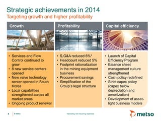 © Metso© Metso
Strategic achievements in 2014
Targeting growth and higher profitability
*excluding non-recurring expenses
Growth Profitability Capital efficiency
• Services and Flow
Control continued to
grow
• 8 new service centers
opened
• New valve technology
center opened in South
Korea
• Local capabilities
strengthened across all
market areas
• Ongoing product renewal
• S,G&A reduced 6%*
• Headcount reduced 5%
• Footprint rationalization
in the mining equipment
business
• Procurement savings
• Simplification of the
Group’s legal structure
• Launch of Capital
Efficiency Program
• Balance sheet
management culture
strengthened
• Cash policy redefined
• Strict capex policy
(capex below
depreciation and
amortization)
• Development of asset-
light business models
5
 