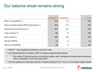 © Metso© Metso
Our balance sheet remains strong
10 * All figures annualized except for cash conversion
• ROCE ** was negatively impacted by one time costs
• Our Capital Efficiency Program (CEP) is entering implementation phase
• Key areas of improvement are net working capital, cash management policies and procedures,
and an evaluation of our fixed asset base
• We are targeting an improved turnover of capital employed from 1.8 to 2.0 and related capital release
Q1-Q2/2014 Q1-Q2/2013 2013
16,4 17,5 19,0
16,6 16,7 18,6
53,4 46,7 41,6
100 75 105
45,6 38,4 47,0
1,4 1,2 1,0
5,8 7,3 9,2Interest cover (EBITDA)
Return on equity (ROE), %
Return on capital employed (ROCE) before taxes, %
Gearing at the end of the period, %
Cash conversion, %
Debt to capital, %
Net debt / EBITDA
 