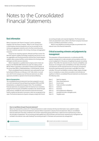 20  |  Metso Financial Statements 2016  |
Notes to the Consolidated Financial Statements
Notes to the Consolidated
Financial Statements
Basic information
Metso Corporation (the“Parent Company”) and its subsidiaries
(together with the Parent Company, “Metso”or the“Group”) form
a world leading industrial equipment and service provider for the
mining and aggregates industries and in the flow control business.
The main customers operate in the mining, oil and gas and aggregates
industries.
Group has two reporting segments, Minerals and Flow Control.The
Minerals segment supplies technology, equipment and services to min-
ing, aggregates and recycling businesses and the Flow Control segment
supplies valves, pumps and flow control solutions for oil and gas, pulp
and paper and other process industries.
Metso Corporation is a publicly listed company and its shares are
listed on the NASDAQ OMX Helsinki Ltd under the trading symbol
METSO. Metso Corporation is domiciled in Finland and the address of
the Group Head Office isTöölönlahdenkatu 2, 00100 Helsinki, Finland.
These consolidated financial statements were authorized for issue
by the Board of Directors on February 2, 2017 after which, in accord-
ance with Finnish Company Law, the financial statements are either
approved, amended or rejected in the Annual General Meeting.
Basis of preparation
The consolidated financial statements have been prepared in accord-
ance with International Financial Reporting Standards (IFRS) and IFRIC
Interpretations as adopted by European Union.The consolidated
financial statements are prepared under the historical cost convention,
except for financial assets and liabilities classified as fair valued through
profit and loss, available-for-sale investments, financial instruments
held for trading and derivative instruments, which are recognized at fair
value.The financial statements of parent company comply with Finnish
accounting principles and corporate legislation.The financial state-
ments are presented in euros, which is the Parent Company’s functional
currency and Metso’s presentation currency.
Metso’s more detailed accounting principles are presented in the
relevant note of the financial statements.
Critical accounting estimates and judgements by
management
The preparation of financial statements, in conformity with IFRS,
requires management to make estimates and assumptions and to ex-
ercise its judgement in the process of applying the group’s accounting
policies.These affect the reported amounts of assets and liabilities and
disclosure of contingent assets and liabilities at the dates of the finan-
cial statements and the reported amounts of revenues and expenses
during the reporting period. Actual results could differ from those
estimates.The assets and liabilities involving a higher degree of judge-
ment or complexity, or areas where assumptions and estimates are
significant to Metso’s consolidated financial statements are disclosed in
the following notes: 		
		
Note 3	 Sales by category	
Note 7	 Share-based payments	
Note 9	 Income taxes	
Note 12	 Trade and other receivables	
Note 13	 Inventory	
Note 15	 Provisions	
Note 16	 Post employment obligations	
Note 17	 Goodwill and other intangible assets	
Note 18	 Tangible assets
How to read Metso Group’s Financial statement?
Metso has improved the content of it´s Financial Statements in order to disclose the financial information more usable for readers.
Disclosed Metso Group’s Financial Statements represent Metso Corporation’s statutory financial statements. Notes to consolidated
financial statements have been combined to the sections representing group performance, capital structure and financing as well as
the principles of preparation.The accounting principle applied and critical estimates and assessments required by the management are
included in the relevant note under headings“Accounting principle”or“Estimates and assessments by management”.
 ACCOUNTING PRINCIPLE  ESTIMATES AND ASSESSMENTS BY MANAGEMENT
 