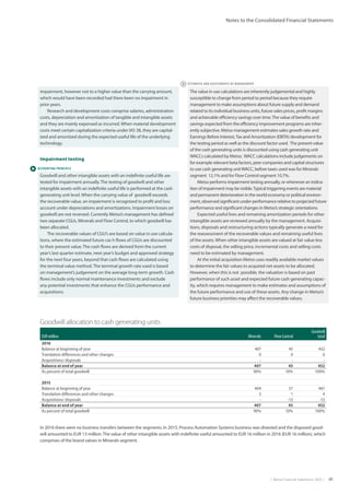|  Metso Financial Statements 2016  | 41
Notes to the Consolidated Financial Statements
 ACCOUNTING PRINCIPLE
 ESTIMATES AND ASSESSMENTS BY MANAGEMENT
Goodwill allocation to cash generating units
EUR million Minerals Flow Control
Goodwill
total
2016
Balance at beginning of year 407 45 452
Translation differences and other changes 0 0 0
Acquisitions/ disposals - - -
Balance at end of year 407 45 452
As percent of total goodwill 90% 10% 100%
2015
Balance at beginning of year 404 57 461
Translation differences and other changes 3 1 4
Acquisitions/ disposals - -13 -13
Balance at end of year 407 45 452
As percent of total goodwill 90% 10% 100%
In 2016 there were no business transfers between the segments. In 2015, Process Automation Systems business was divested and the disposed good-
will amounted to EUR 13 million.The value of other intangible assets with indefinite useful amounted to EUR 16 million in 2016 (EUR 16 million), which
comprises of the brand values in Minerals segment.
impairment, however not to a higher value than the carrying amount,
which would have been recorded had there been no impairment in
prior years.
Research and development costs comprise salaries, administration
costs, depreciation and amortization of tangible and intangible assets
and they are mainly expensed as incurred. When material development
costs meet certain capitalization criteria under IAS 38, they are capital-
ized and amortized during the expected useful life of the underlying
technology.
Impairment testing
Goodwill and other intangible assets with an indefinite useful life are
tested for impairment annually.The testing of goodwill and other
intangible assets with an indefinite useful life is performed at the cash
generating unit level. When the carrying value of goodwill exceeds
the recoverable value, an impairment is recognized to profit and loss
account under depreciations and amortizations. Impairment losses on
goodwill are not reversed. Currently Metso’s management has defined
two separate CGUs, Minerals and Flow Control, to which goodwill has
been allocated.
The recoverable values of CGU’s are based on value in use calcula-
tions, where the estimated future cas h flows of CGUs are discounted
to their present value. The cash flows are derived from the current
year’s last quarter estimate, next year’s budget and approved strategy
for the next four years, beyond that cash flows are calculated using
the terminal value method. The terminal growth rate used is based
on management’s judgement on the average long-term growth. Cash
flows include only normal maintenance investments and exclude
any potential investments that enhance the CGUs performance and
acquisitions.
The value in use calculations are inherently judgemental and highly
susceptible to change from period to period because they require
management to make assumptions about future supply and demand
related to its individual business units, future sales prices, profit margins
and achievable efficiency savings over time.The value of benefits and
savings expected from the efficiency improvement programs are inher-
ently subjective. Metso management estimates sales growth rate and
Earnings Before Interest,Tax and Amortization (EBITA) development for
the testing period as well as the discount factor used. The present value
of the cash generating units is discounted using cash generating unit
WACCs calculated by Metso. WACC calculations include judgements on
for example relevant beta factors, peer companies and capital struc­tures
to use cash generating unitWACC, before taxes used was for Miner­als
segment 12.1% and for Flow Control segment 10.7%.
Metso performs impairment testing annually, or whenever an indica-
tion of impairment may be visible.Typical triggering events are material
and permanent deterioration in the world economy or political environ-
ment, observed significant under-performance relative to projected future
performance and significant changes in Metso’s strategic orientations.
Expected useful lives and remaining amortization periods for other
intangible assets are reviewed annually by the management. Acquisi-
tions, disposals and restructuring actions typically generate a need for
the reassessment of the recoverable values and remaining useful lives
of the assets. When other intangible assets are valued at fair value less
costs of disposal, the selling price, incremental costs and selling costs
need to be estimated by management.
At the initial acquisition Metso uses readily available market values
to determine the fair values to acquired net assets to be allocated.
However, when this is not possible, the valuation is based on past
performance of such asset and expected future cash generating capac-
ity, which requires management to make estimates and assumptions of
the future performance and use of these assets. Any change in Metso’s
future business priorities may affect the recoverable values.
 