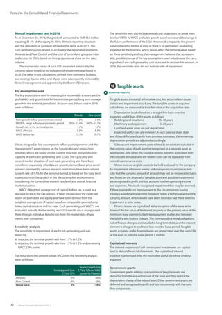 42  |  Metso Financial Statements 2016  |
Notes to the Consolidated Financial Statements
 ACCOUNTING PRINCIPLE
18  Tangible assets
Tangible assets are stated at historical cost, less accumulated depre-
ciation and impairment loss, if any.The tangible assets of acquired
subsidiaries are measured at their fair value at the acquisition date.	
Depreciation is calculated on a straight-line basis over the
expected useful lives of the assets as follows:		
Buildings and structures	 15–40 years
Machinery and equipment 	 3–20 years
Land and water areas are not depreciated.
Expected useful lives are reviewed at each balance sheet date
and if they differ significantly from previous estimates, the remaining
depreciation periods are adjusted accordingly.
Subsequent improvement costs related to an asset are included in
the carrying value of such asset or recognized as a separate asset, as
appropriate, only when the future economic benefits associated with
the costs are probable and the related costs can be separated from
normal maintenance costs.
Metso reviews tangible assets to be held and used by the company
for impairment whenever events and changes in circumstances indi-
cate that the carrying amount of an asset may not be recoverable. Gains
and losses on the disposal of tangible asset and possible impairments
are recognized in profit and loss account in other operating income
and expenses. Previously recognized impairment loss may be reversed,
if there is a significant improvement to the circumstances having
initially caused the impairment, however not to a higher value than the
carrying amount, which would have been recorded had there been no
impairment in prior years.
Finance leases are capitalized at the inception of the lease at the
lower of the fair value of the leased property or the present value of the
minimum lease payments. Each lease payment is allocated between
the liability and finance charges.The corresponding rental obligations,
net of finance charges, are included in long-term debt, and the interest
element is charged to profit and loss over the lease period.Tangible
assets acquired under finance leases are depreciated over the useful life
of the asset or over the lease period, if shorter.
Capitalized interests
The interest expenses of self-constructed investments are capital-
ized in Metso’s financial statements. The capitalized interest
expense is amortized over the estimated useful life of the underly-
ing asset.
Government grants
Government grants relating to acquisition of tangible assets are
deducted from the acquisition cost of the asset and they reduce the
depreciation charge of the related asset. Other government grants are
deferred and recognized in profit and loss concurrently with the costs
they compensate.
Minerals Flow Control
Sales growth in four years estimate period 3.8% 2.5%
EBITA % range in four years estimate period 9.1%–13.4% 14.2%–17.7%
Growth rate in the terminal period 1.7% 1.7%
WACC after tax 8.9% 8.0%
WACC before tax 12.1% 10.7%
Terminal growth from
1.7% to 1.2%
Terminal growth from
1.7% to 1.2% and WACC
increase by 2% points
Minerals -5% -26%
Flow Control -6% -28%
Metso total 5% -19%
Annual impairment test in 2016
As at December 31, 2016, the goodwill amounted to EUR 452 million
equaling 31.4% of the equity. In 2016, Metso’s reporting structure
and the allocation of goodwill remained the same as in 2015. The
cash generating units tested in 2016 were the reportable segments
Minerals and Flow Control and the cost of centralized group services
is allocated to CGUs based on their proportional share on the sales
volume.
The recoverable values of each CGU exceeded remarkably the
carrying values tested, so no indication of impairment was found in
2016.The value in use calculations derived from estimates, budgets
and strategy figures at the end of year were subsequently reviewed by
Metso’s management and approved by the Board of Directors.
Key assumptions used
The key assumptions used in assessing the recoverable amount are the
profitability and growth rate for the estimate period, long term average
growth in the terminal period and discount rate. Values used in 2016
were as follows:
Values assigned to key assumptions reflect past experience and the
management’s expectations on the future sales and production
volumes, which are based on the current structure and production
capacity of each cash generating unit (CGU). The cyclicality and
current market situation of each cash generating unit have been
considered separately. Also data on growth, demand and price devel-
opment provided by various research institutions have been utilized.
Growth rate of 1.7% for the terminal period, is based on the long term
expectations on the growth in the Metso’s market environments,
considering the current low interest rate level and overall financial
market situation.
WACC (Weighted average cost of capital) before tax, is used as a
discount factor in the calculations. It takes into account the expected
return on both debt and equity and have been derived from the
weighted average cost of capital based on comparable peer industry
betas, capital structure and tax rates. Cash generating unit WACCs are
evaluated annually for the testing and CGU specific risk is incorporated
there through individual beta factors from the market data of seg-
ment’s peer companies.
Sensitivity analysis	
The sensitivity to impairment of each cash generating unit was
tested by :
a) 	reducing the terminal growth rate from 1.7% to 1.2%
b) 	reducing the terminal growth rate from 1.7% to 1.2% and increasing
WACC 2.0% points
The reductions into present values of CGUs in the sensitivity analysis
were as follows:
The sensitivity tests also include several cash projections on break even
levels of EBITA %,WACC and sales growth based on reasonable change in
the future performance of the CGU. However, the impact to the present
value obtained is limited as long as there is no permanent weakening
expected for the business, which would affect the terminal value. Based
on these sensitivity analysis, the management believes that no reason-
ably possible change of the key assumptions used would cause the carry-
ing value of any cash generating unit to exceed its recoverable amount. In
2016, the sensitivity tests did not indicate risks of impairment.
 