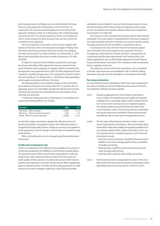 |  Metso Financial Statements 2016  | 47
Notes to the Consolidated Financial Statements
price hedging needs and hedges are executed through the Group
Treasury using approved counterparties and instruments. For
commodity risks separate overall hedging limits are defined and
approved. Hedging is done on a rolling basis with a declining hedg-
ing level over time. The overall importance of the commodity price
risks is small compared to other financial risks, and thus cannot be
considered to be significant.
Electricity exposure in the Nordic units has been hedged with
electricity forwards, which are designated as hedges of highly prob-
able future electricity purchases. Execution of electricity hedging
has been outsourced to an external broker. As of December 31, 2016
Metso had outstanding electricity forwards amounting to 35 GWh
(69 GWh).
To reduce its exposure to the volatility caused by the surcharge
for certain metal alloys (Alloy Adjustment Factor) comprised in the
price of stainless steel charged by its suppliers, Metso has entered into
average-price swap agreements for nickel.The Alloy Adjustment Factor
is based on monthly average prices of its components of which nickel is
the most significant. As of December 31, 2016 Metso had outstanding
nickel swaps amounting to 288 tons (324 tons).
The following table on the sensitivity analysis of the commodity
prices based on financial instruments under IFRS 7 comprises the net
aggregate amount of commodities bought through forward contracts
and swaps but excludes the anticipated future consumption of raw
materials and electricity.
A 10 percent change upwards or downwards in commodity prices
would have following effects, net of taxes:
EUR million 2016 2015
Electricity – effect in equity +/- 0.1 +/- 0.1
Electricity – effect in income statement +/- 0 +/- 0
Nickel – effect in income statement +/- 0.2 +/- 0.2
centralized services related to customer financing and seeks to ensure
that the principles of theTreasury Policy are adhered to with respect
to terms of payment and required collateral. Metso has no significant
concentrations of credit risks.
The maximum credit risk equals the carrying value of trade and loan
receivables.The credit quality is evaluated both on the basis of aging of
the trade receivables and also on the basis of customer specific analysis.
The aging structure of trade receivables is presented in note 12.
Counterparty risk arises also from financial transactions agreed
upon with banks, financial institutions and corporates.The risk is
managed by careful selection of banks and other counterparties, by
counterparty specific limits determined in theTreasury Policy, and
netting agreements such as ISDA (Master agreement of International
Swaps and Derivatives Association).The compliance with counterparty
limits is regularly monitored.
The maximum amount of financial counterparty risk is calculated
as the fair value financial assets available for sale or held for trading,
derivatives and cash and cash equivalents on the balance sheet date.
Fair value estimation
For those financial assets and liabilities which have been recognized at
fair value in the balance sheet, the following measurement hierarchy
and valuation methods have been applied:
Level 1	Quoted unadjusted prices at the balance sheet date in
active markets.The market prices are readily and regularly
available from an exchange, dealer, broker, market informa-
tion service system, pricing service or regulatory agency.
The quoted market price used for financial assets is the
current bid price. Level 1 financial instruments include debt
and equity investments classified as financial instruments
available-for-sale or at fair value through profit and loss.
Level 2	The fair value of financial instruments in Level 2 is deter-
mined using valuation techniques. These techniques utilize
observable market data readily and regularly available from
an exchange, dealer, broker, market information service sys-
tem, pricing service or regulatory agency. Level 2 financial
instruments include:
•	 Over-the-counter derivatives classified as financial assets/
liabilities at fair value through profit and loss or qualified
for hedge accounting.
•	 Debt securities classified as financial instruments at fair
value through profit and loss.
•	 Fixed rate debt under fair value hedge accounting.
Level 3	A financial instrument is categorized into Level 3 if the calcu-
lation of the fair value cannot be based on observable market
data. Metso had no such instruments in 2016 or in 2015.
As cash flow hedge accounting is applied, the effective portion of
electricity forwards is recognized in equity.The ineffective portion is
recognized through profit and loss. Hedge accounting is not applied to
nickel agreements, and the change in the fair value is recorded through
profit and loss.
Other commodity risks are not managed using financial derivative
instruments.
Credit and counterparty risk
Credit or counterparty risk is defined as the possibility of a customer or
a financial counterparty not fulfilling its commitments towards Metso.
The operating units of Metso are primarily responsible for credit risks
pertaining to sales and procurement activities.The units assess the
credit quality of their customers, by taking into account their financial
position, past experience and other relevant factors. When appropriate,
advance payments, letters of credit and third party guarantees or credit
insurance are used to mitigate credit risks. GroupTreasury provides
 