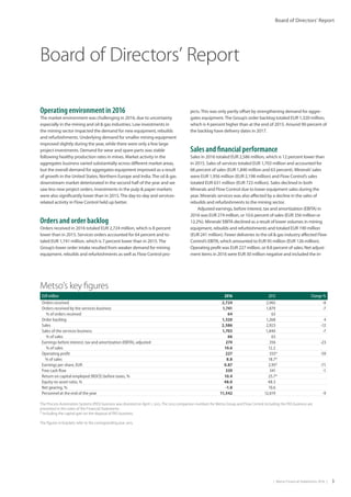 |  Metso Financial Statements 2016  | 3
Board of Directors’ Report
Board of Directors’ Report
Operating environment in 2016
The market environment was challenging in 2016, due to uncertainty
especially in the mining and oil & gas industries. Low investments in
the mining sector impacted the demand for new equipment, rebuilds
and refurbishments. Underlying demand for smaller mining equipment
improved slightly during the year, while there were only a few large
project investments. Demand for wear and spare parts was stable
following healthy production rates in mines. Market activity in the
aggregates business varied substantially across different market areas,
but the overall demand for aggregates equipment improved as a result
of growth in the United States, Northern Europe and India.The oil & gas
downstream market deteriorated in the second half of the year and we
saw less new project orders. Investments in the pulp & paper markets
were also significantly lower than in 2015.The day-to-day and services-
related activity in Flow Control held up better.
Orders and order backlog
Orders received in 2016 totaled EUR 2,724 million, which is 8 percent
lower than in 2015. Services orders accounted for 64 percent and to-
taled EUR 1,741 million, which is 7 percent lower than in 2015.The
Group’s lower order intake resulted from weaker demand for mining
equipment, rebuilds and refurbishments as well as Flow Control pro-
jects.This was only partly offset by strengthening demand for aggre-
gates equipment.The Group’s order backlog totaled EUR 1,320 million,
which is 4 percent higher than at the end of 2015. Around 90 percent of
the backlog have delivery dates in 2017.
Sales and financial performance
Sales in 2016 totaled EUR 2,586 million, which is 12 percent lower than
in 2015. Sales of services totaled EUR 1,703 million and accounted for
66 percent of sales (EUR 1,840 million and 63 percent). Minerals’sales
were EUR 1,956 million (EUR 2,198 million) and Flow Control’s sales
totaled EUR 631 million (EUR 723 million). Sales declined in both
Minerals and Flow Control due to lower equipment sales during the
year. Minerals services was also affected by a decline in the sales of
rebuilds and refurbishments to the mining sector.
Adjusted earnings, before interest, tax and amortization (EBITA) in
2016 was EUR 274 million, or 10.6 percent of sales (EUR 356 million or
12.2%). Minerals’EBITA declined as a result of lower volumes in mining
equipment, rebuilds and refurbishments and totaled EUR 190 million
(EUR 241 million). Fewer deliveries to the oil & gas industry affected Flow
Control’s EBITA, which amounted to EUR 95 million (EUR 126 million).
Operating profit was EUR 227 million, or 8.8 percent of sales. Net adjust-
ment items in 2016 were EUR 30 million negative and included the in-
Metso’s key figures
EUR million 2016 2015 Change %
Orders received 2,724 2,965 -8
Orders received by the services business 1,741 1,879 -7
% of orders received 64 63
Order backlog 1,320 1,268 4
Sales 2,586 2,923 -12
Sales of the services business 1,703 1,840 -7
% of sales 66 63
Earnings before interest, tax and amortization (EBITA), adjusted 274 356 -23
% of sales 10.6 12.2
Operating profit 227 555* -59
% of sales 8.8 18.7*
Earnings per share, EUR 0.87 2.95* -71
Free cash flow 339 341 -1
Return on capital employed (ROCE) before taxes, % 10.4 25.7*
Equity-to-asset ratio, % 48.0 48.3
Net gearing, % -1.8 10.6
Personnel at the end of the year 11,542 12,619 -9
The Process Automation Systems (PAS) business was divested on April 1, 2015. The 2015 comparison numbers for Metso Group and Flow Control including the PAS business are
presented in the notes of the Financial Statements.
* Including the capital gain on the disposal of PAS business.
The figures in brackets refer to the corresponding year 2015.
 
