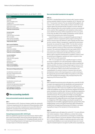 62  |  Metso Financial Statements 2016  |
Notes to the Consolidated Financial Statements
New and amended standards to be applied
IFRS 15
New IFRS 15 standard Revenue from Contracts with Customer replaces
existing standards related to revenue recognition, IAS 18 ’Revenue ’and
IAS 11’Construction Contracts’.The new standard will be applied to all
contracts with customers, which justify an entity to receive the consid-
erations against the promised transfer of goods or services. Revenue
will be recognized when the control of goods or services are transferred
to the customer. When applying the new standard an entity needs to
assess whether the revenue will be recognized over time or at a point
in time. Also, the effect of the variable considerations and the value of
money to the transaction price need to be assessed.
Currently Metso’s revenue is recognized though percentage of
completion method in engineered system projects and long-term
service contracts and at the delivery in sales of goods and short-term
services contracts. Metso’s management, supported by external pro-
fessionals, has assessed the impact of IFRS 15 to the client contracts
of the main revenue streams; engineered system deliveries, service
contracts, delivery contracts of valves and pumps and distributor
contracts. The assessment followed the five step model of IFRS 15
and covered e.g. analysis of performance obligations promised,
transaction price components and allocation of price, as well as
Metso’s right to payment of performance completed. Criteria to meet
the performance obligations satisfied over time or at point in time
were in the focus of the assessment.
IFRS 15 is not expected to have a significant impact on timing
of revenue recognition nor to the presentation of Metso’s balance
sheet. Minor reducing impact to reported sales will be caused by late
delivery penalties of contracts being charged against revenue in the
future instead of being expensed as they are currently. Furthermore,
IFRS 15 will require in Metso some further harmonization and
standardization of customer contracts in business lines and some
development actions to the reporting process as well as training to
the appropriate personnel. Metso follows the guidance on the adop-
tion of the standard and will apply it fully retrospectively from the
beginning of the financial year 2018.
IFRS 9
IFRS 9 standard Financial instruments will replace the current IAS 39. IFRS
9 contains new requirements for the classification and measurement of
financial assets and liabilities and the impairment model based on ex-
cepted credit losses. IFRS 9 retains but simplifies the mixed measurement
model and establishes two primary measurement categories for financial
assets: amortized cost and fair value.The basis of classification depends on
the entity’s business model and the contractual cash flow characteristics
of the financial asset.The new guidance for hedge accounting aligns
hedge accounting more closely with risk management. Also IFRS 9 relaxes
the requirements for hedge effectiveness and changes what qualifies
as a hedged item. IFRS 9 allows hedge accounting for example for risk
components of commodities, aggregated exposures, group of items when
hedging foreign currency and equity investments. Metso will adopt the
standard from the beginning of financial year 2018. Metso is not expect-
ing significant impact of the standard to its financial statements.
IFRS 16
IFRS16 standard Leases will replace the current IAS 17. It covers all leases
with certain exceptions. A lease is defined as a contract that conveys
right to use an asset for a period of time in exchange for consideration.
IFRS 16 requires lessees to account for all leases as finance leases under
IAS 17, i.e. to recognize a liability to make lease payments and an asset
representing the liability to use an asset during the lease term. Accord-
ingly, the standard requires to recognize in profit and loss separately any
Disposed balance sheet items as at April 1, 2015:
EUR million
Non-current assets
Goodwill 13
Other intangible assets 3
Tangible assets 22
Investments in associated companies 8
Deferred tax assets 17
Other non-current assets 0
Total non-current assets 63
Current assets
Inventories 44
Trade and other receivables 59
POC receivables 56
Other current receivables 1
Cash and cash equivalents 48
Total current assets 208
Non-current liabilities
Post employment benefit obligations 4
Provisions 3
Deferred tax liability 0
Other non-current liabilities 0
Total non-current liabilities 7
Current liabilities
Short term debt 65
Trade and other payables 50
Provisions 8
Advances received 70
POC liabilities 13
Other current liabilities 3
Total current liabilities 209
Net assets of disposed business 55
Consideration received in cash 312
Net assets of disposed business -55
Transaction costs -6
Cumulative translation difference 1
Gain on disposal 252
Consideration received in cash 312
Transaction costs -6
Cash and cash equivalents disposed of -48
Income tax relating to divestment -10
Debt repayments at disposal 57
Net cash inflow on disposal 305
31  New accounting standards
New and amended standards adopted 2016
IAS 1
The Amendments to IAS 1 Disclosure Initiative clarifies the existing IAS
1 disclosure requirements for the statement of financial position, profit
and loss account and Other Comprehensive Income (OCI). Metso has
applied this amendment from the beginning of 2016 and it had no
major impact to its financial statements.
Annual Improvements 2012–2014 Cycle
Metso has applied the required annual improvements related to IFRS 5
Non-current assets Held for Sale and Discontinued Operations, IFRS 7
Financial Instruments: Disclosures, IAS 19 Employee Benefits and IAS 34
Interim Financial Reporting from the beginning of 2016 and they had
no major impact to its financial statements.
 