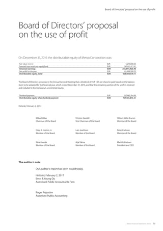 |  Metso Financial Statements 2016  | 73
Board of Directors’ proposal on the use of profit
Board of Directors’ proposal
on the use of profit
On December 31, 2016 the distributable equity of Metso Corporation was:
Fair value reserve EUR -1,275,000.00
Invested non-restricted equity fund EUR 367,651,071.91
Retained earnings EUR 392,544,925.98
Net profit for the year EUR 165,948,580.22
Distributable equity, total EUR 924,869,578.11
Dividend payment EUR 157,483,764.90
Distributable equity after dividend payment EUR 767,385,813.21
The Board of Directors proposes to the Annual General Meeting that a dividend of EUR 1.05 per share be paid based on the balance
sheet to be adopted for the financial year, which ended December 31, 2016, and that the remaining portion of the profit is retained
and included in the Company’s unrestricted equity.
Helsinki, February 2, 2017
	 Mikael Lilius	 Christer Gardell	 Wilson Nélio Brumer
	 Chairman of the Board	 Vice Chairman of the Board	 Member of the Board
	 Ozey K. Horton, Jr. 	 Lars Josefsson	 Peter Carlsson
	 Member of the Board	 Member of the Board	 Member of the Board
	 Nina Kopola	 ArjaTalma	 Matti Kähkönen
	 Member of the Board	 Member of the Board	 President and CEO
The auditor´s note
Our auditor's report has been issued today.
Helsinki, February 2, 2017
Ernst Young Oy
Autorisied Public Accountants Firm
Roger Rejström
Autorised Public Accounting
 