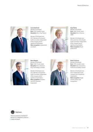 |  Metso Financial Statements 2016  | 81
Board of Directors
Lars Josefsson
Member of the Board
Born: 1953, Swedish citizen
Education: M.Sc. (Eng. Physics)
Member of the Board since
2013. Member of the Board’s
Audit Committee. Independent
of the company and of
significant shareholders.
Main occupation: Independent
consultant
Nina Kopola
Member of the Board
Born: 1960, Finnish citizen
Education: M.Sc. (Chemical
Eng.),Technology Licentiate
Member of the Board since
2013. Member of the Board’s
Audit Committee. Independent
of the company and of
significant shareholders.
Main occupation: President
and CEO, Suominen
Corporation
These are summaries of the Board of
Directors CV’s. Read full CV’s online on
	metso.com/board
Readmore
Arja Talma
Member of the Board
Born: 1962, Finnish citizen
Education: M.Sc. (Finance),
eMBA
Member of the Board since
2016. Chairman of the Board’s
Audit Committee. Independent
of the company and of
significant shareholders.
Main occupation: Board
professional
Peter Carlsson
Member of the Board
Born: 1970, Swedish citizen
Education: M.Sc. (Economics,
Production  Quality Control)
Member of the Board since
2016. Independent of the
company and of significant
shareholders.
Main occupation: Angel
investor, advisor and
entrepreneur
 