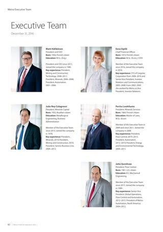 82  |  Metso Financial Statements 2016  |
Metso Executive Team
Executive Team
December 31, 2016
Eeva Sipilä
Chief Financial Officer
Born: 1973, Finnish citizen
Education: M.Sc. (Econ.), CEFA
Member of the ExecutiveTeam
since 2016. Joined the company
in 2016.
Key experience: CFO of Cargotec
Corporation from 2008–2016 and
SeniorVice President, Investor
Relations and Communications,
2005–2008. From 2002–2005
she worked for Metso asVice
President, Investor Relations.
Perttu Louhiluoto
President, Minerals Services
Born: 1964, Finnish citizen
Education: Master of Laws,
M.Sc. (Econ)
Member of the ExecutiveTeam in
2009 and since 2011. Joined the
company in 2008.
Key experience: President,
Flow Control, 2014–2015;
President, Automation,
2012–2014; President, Energy
and EnvironmentalTechnology,
2009–2011.
John Quinlivan
President, Flow Control
Born: 1961, U.S. citizen
Education: B.S. Mechanical
Engineering
Member of the ExecutiveTeam
since 2015. Joined the company
in 1989.
Key experience: Senior Vice
President, Global Operations,
Flow Control and Automation,
2012–2015. President of Metso
Automation, North America,
2004–2012.
Matti Kähkönen
President and CEO
Born: 1956, Finnish citizen
Education: M.Sc. (Eng.)
President and CEO since 2011.
Joined the company in 1980.
Key experience: President,
Mining and Construction
Technology, 2008–2011;
President, Minerals, 2006–2008;
President, Automation,
2001–2006.
João Ney Colagrossi
President, Minerals Capital
Born: 1955, Brazilian citizen
Education: Metallurgical
Engineering, Business
Administration
Member of the ExecutiveTeam
since 2013. Joined the company
in 1979.
Key experience: President,
Minerals, 2014; President,
Mining and Construction, 2014;
President, Service Business Line,
2009–2013.
 