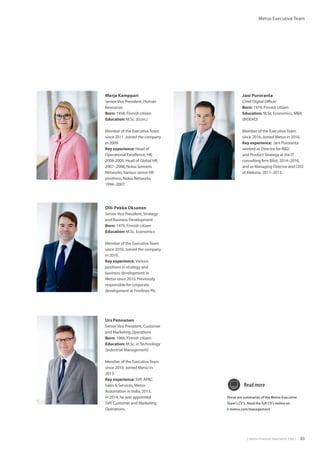 |  Metso Financial Statements 2016  | 83
Metso Executive Team
Merja Kamppari
Senior Vice President, Human
Resources
Born: 1958, Finnish citizen
Education: M.Sc. (Econ.)
Member of the ExecutiveTeam
since 2011. Joined the company
in 2009.
Key experience: Head of
Operational Excellence, HR,
2008-2009, Head of Global HR,
2007–2008, Nokia Siemens
Networks; Various senior HR
positions, Nokia Networks,
1994–2007.
Olli-Pekka Oksanen
Senior Vice President, Strategy
and Business Development
Born: 1979, Finnish citizen
Education: M.Sc. Economics
Member of the ExecutiveTeam
since 2016. Joined the company
in 2010.
Key experience: Various
positions in strategy and
business development in
Metso since 2010. Previously
responsible for corporate
development at Finnlines Plc.
Urs Pennanen
Senior Vice President, Customer
and Marketing Operations
Born: 1966, Finnish citizen
Education: M.Sc. inTechnology
(Industrial Management)
Member of the ExecutiveTeam
since 2016. Joined Metso in
2013.
Key experience: SVP, APAC
Sales  Services, Metso
Automation in India, 2013.
In 2014, he was appointed
SVP, Customer and Marketing
Operations.
Jani Puroranta
Chief Digital Officer
Born: 1974, Finnish citizen
Education: M.Sc. Economics, MBA
(INSEAD)
Member of the ExecutiveTeam
since 2016. Joined Metso in 2016.
Key experience: Jani Puroranta
worked as Director for RD
and Product Strategy at the IT
consulting firm Bilot, 2014–2016,
and as Managing Director and CEO
at Alekstra, 2011–2013.
These are summaries of the Metso Executive
Team’s CV’s. Read the full CV’s online on
	metso.com/management
Readmore
 