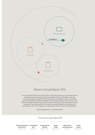 SUSTAINABILITY
Financial Statements
Review, 2016
February 3, 2017
Annual General
Meeting
March 23, 2017
Half year 2017
result publication
July 21, 2017
Annual Report
2016
week 9 2017
Interim
Review
October20,2017
Interim
Review
April 25, 2017
Financial calendar 2017
Annual Review
Sustainability Supplement
Financial Statements
Metso’s Annual Report 2016
Our Annual Report 2016 consists of four reports: a printed Annual Review and a printed Financial
Statements and Investor package, which are available in Finnish and English, a Corporate
Governance Statement available in PDF format in Finnish and English, as well as an externally
assured Sustainability Supplement available as a PDF in English. All reports can be viewed as PDF
files on our website www.metso.com/2016. The reports for the year 2016 present Metso’s reviewed
strategy, our way of working with our customer, our customer industries, our businesses and
sustainability issues. On the website you can also view an interview of our CEO, Matti Kähkönen.
Welcome to explore more at www.metso.com/2016
 