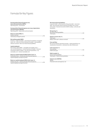 |  Metso Financial Statements 2017  | 15
Board of Directors’ Report
Earnings before financial expenses net,
taxes and amortization (EBITA):
Operating profit + amortization
Earnings before financial expenses net, taxes, depreciation
and amortization (EBITDA):
Operating profit + depreciation and amortization
Return on equity (ROE), %:
Profit for the year
x 100
Total equity, average for period
Net working capital (NWC):
Inventory + trade receivables + percentage of completion: ­recognized
assets, net + other non-interest bearing receivables - trade payables -
advances received - other non-interest bearing liabilities
Capital employed:
Net working capital (NWC) + intangible and tangible assets +
non-current investments + interest bearing receivables + financial
­instruments held for trading + cash and cash equivalents + tax
receivables, net + interest receivables, net
Return on capital employed (ROCE) before taxes, %:
Profit before taxes + interest and other financial expenses
x 100
Capital employed, average for period
Return on capital employed (ROCE) after taxes, %:
Profit for the year + interest and other financial expenses
x 100
Capital employed, average for period
Formulas for Key Figures	
Net interest bearing liabilities:
Long-term debt + current portion of long-term debt + short-term
debt - loan and other interest bearing receivables (non-current
and current) - financial instruments held for trading - cash and cash
equivalents
Net gearing, %:
Net interest bearing liabilities
x 100
Total equity
Equity-to-assets ratio, %:
Total equity
x 100
Balance sheet total - advances received
Free cash flow:
Net cash provided by operating activities - capital expenditures on
maintenance investments + proceeds from sale of fixed assets
Cash conversion, %:
Free cash flow
x 100
Profit for the year
Debt to capital, %:
Interest bearing liabilities
x 100
Total equity + interest bearing liabilities
Interest cover (EBITDA):
EBITDA
Financial income and expenses, net
 