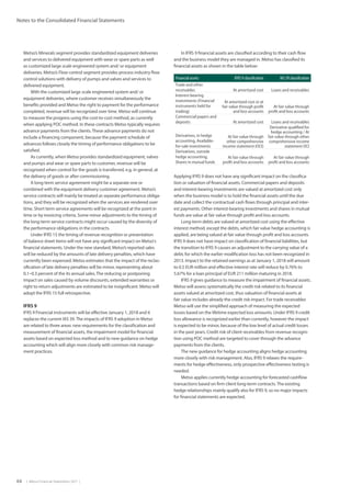 64  |  Metso Financial Statements 2017  |
Notes to the Consolidated Financial Statements
Metso’s Minerals segment provides standardized equipment deliveries
and services to delivered equipment with wear or spare parts as well
as customized large scale engineered system and/ or equipment
deliveries. Metso’s Flow control segment provides process industry flow
control solutions with delivery of pumps and valves and services to
delivered equipment.
With the customized large scale engineered system and/ or
equipment deliveries, where customer receives simultaneously the
benefits provided and Metso the right to payment for the performance
completed, revenue will be recognized over time. Metso will continue
to measure the progress using the cost-to-cost method, as currently
when applying POC method. In these contracts Metso typically requires
advance payments from the clients.These advance payments do not
include a financing component, because the payment schedule of
advances follows closely the timing of performance obligations to be
satisfied.
As currently, when Metso provides standardized equipment, valves
and pumps and wear or spare parts to customer, revenue will be
recognized when control for the goods is transferred, e.g. in general, at
the delivery of goods or after commissioning.
A long-term service agreement might be a separate one or
combined with the equipment delivery customer agreement. Metso’s
service contracts will mainly be treated as separate performance obliga-
tions, and they will be recognized when the services are rendered over
time. Short term service agreements will be recognized at the point in
time or by invoicing criteria. Some minor adjustments to the timing of
the long-term service contracts might occur caused by the diversity of
the performance obligations in the contracts.
Under IFRS 15 the timing of revenue recognition or presentation
of balance sheet items will not have any significant impact on Metso's
financial statements. Under the new standard, Metso’s reported sales
will be reduced by the amounts of late delivery penalties, which have
currently been expensed. Metso estimates that the impact of the reclas-
sification of late delivery penalties will be minor, representing about
0.1–0.3 percent of the its annual sales.The reducing or postponing
impact on sales caused by volume discounts, extended warranties or
right to return adjustments are estimated to be insignificant. Metso will
adopt the IFRS 15 full retrospective.
IFRS 9
IFRS 9 Financial instruments will be effective January 1, 2018 and it
replaces the current IAS 39.The impacts of IFRS 9 adoption in Metso
are related to three areas: new requirements for the classification and
measurement of financial assets, the impairment model for financial
assets based on expected loss method and to new guidance on hedge
accounting which will align more closely with common risk manage-
ment practices.
In IFRS 9 financial assets are classified according to their cash flow
and the business model they are managed in. Metso has classified its
financial assets as shown in the table below:
Financial assets IFRS 9 classification IAS 39 classification
Trade and other
receivables At amortized cost Loans and receivables
Interest-bearing
investments (Financial
instruments held for
trading)
At amortized cost or at
fair value through profit
and loss accounts
At fair value through
profit and loss accounts
Commercial papers and
deposits At amortized cost Loans and receivables
Derivatives, in hedge
accounting, Available-
for-sale investments
At fair value through
other comprehensive
income statement (OCI)
Derivative qualified for
hedge accounting / At
fair value through other
comprehensive income
statement OCI
Derivatives, outside
hedge accounting,
Shares in mutual funds
At fair value through
profit and loss accounts
At fair value through
profit and loss accounts
Applying IFRS 9 does not have any significant impact on the classifica-
tion or valuation of financial assets. Commercial papers and deposits
and interest-bearing investments are valued at amortized cost only
when the business model is to hold the financial assets until the due
date and collect the contractual cash flows through principal and inter-
est payments. Other interest-bearing investments and shares in mutual
funds are value at fair value through profit and loss accounts.
Long-term debts are valued at amortized cost using the effective
interest method, except the debts, which fair value hedge accounting is
applied, are being valued at fair value through profit and loss accounts.
IFRS 9 does not have impact on classification of financial liabilities, but
the transition to IFRS 9 causes an adjustment to the carrying value of a
debt, for which the earlier modification loss has not been recognized in
2013. Impact to the retained earnings as at January 1, 2018 will amount
to 0.5 EUR million and effective interest rate will reduce by 0.76% to
5.67% for a loan principal of EUR 211 million maturing in 2018.
IFRS 9 gives guidance to measure the impairment of financial assets.
Metso will assess systematically the credit risk related to its financial
assets valued at amortized cost, thus valuation of financial assets at
fair value includes already the credit risk impact. For trade receivables
Metso will use the simplified approach of measuring the expected
losses based on the lifetime expected loss amounts. Under IFRS 9 credit
loss allowance is recognized earlier than currently, however the impact
is expected to be minor, because of the low level of actual credit losses
in the past years. Credit risk of client receivables from revenue recogni-
tion using POC method are targeted to cover through the advance
payments from the clients.
The new guidance for hedge accounting aligns hedge accounting
more closely with risk management. Also, IFRS 9 relaxes the require-
ments for hedge effectiveness, only prospective effectiveness testing is
needed.
Metso applies currently hedge accounting for forecasted cashflow
transactions based on firm client long-term contracts.The existing
hedge relationships mainly qualify also for IFRS 9, so no major impacts
for financial statements are expected.
 