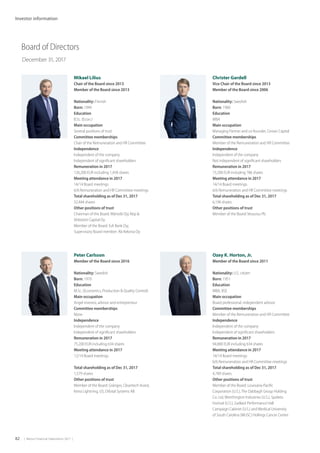 82  |  Metso Financial Statements 2017  |
Investor information
Board of Directors
December 31, 2017
Mikael Lilius
Chair of the Board since 2013
Member of the Board since 2013
Nationality: Finnish
Born: 1949
Education
B.Sc. (Econ.)
Main occupation
Several positions of trust
Committee memberships
Chair of the Remuneration and HR Committee
Independence
Independent of the company
Independent of significant shareholders
Remuneration in 2017
126,200 EUR including 1,458 shares
Meeting attendance in 2017
14/14 Board meetings
6/6 Remuneration and HR Committee meetings
Total shareholding as of Dec 31, 2017
32,444 shares
Other positions of trust
Chairman of the Board: Wärtsilä Oyj Abp 
Ahlström Capital Oy
Member of the Board: Evli Bank Oyj
Supervisory Board member: Ab Kelonia Oy
 
Ozey K. Horton, Jr.
Member of the Board since 2011
Nationality: U.S. citizen
Born: 1951
Education
MBA, BSE
Main occupation
Board professional, independent advisor
Committee memberships
Member of the Remuneration and HR Committee
Independence
Independent of the company
Independent of significant shareholders
Remuneration in 2017
94,800 EUR including 634 shares
Meeting attendance in 2017
14/14 Board meetings
6/6 Remuneration and HR Committee meetings
Total shareholding as of Dec 31, 2017
4,789 shares
Other positions of trust
Member of the Board: Louisiana-Pacific
Corporation (U.S.), The Dabbagh Group Holding
Co. Ltd, Worthington Industries (U.S.), Spoleto
Festival (U.S.), Gaillard Performance Hall
Campaign Cabinet (U.S.) and Medical University
of South Carolina (MUSC) Hollings Cancer Center
 
Christer Gardell
Vice Chair of the Board since 2013
Member of the Board since 2006
Nationality: Swedish
Born: 1960
Education
MBA
Main occupation
Managing Partner and co-founder, Cevian Capital
Committee memberships
Member of the Remuneration and HR Committee
Independence
Independent of the company
Not independent of significant shareholders
Remuneration in 2017
73,200 EUR including 786 shares
Meeting attendance in 2017
14/14 Board meetings
6/6 Remuneration and HR Committee meetings
Total shareholding as of Dec 31, 2017
6,196 shares
Other positions of trust
Member of the Board: Vesuvius Plc
 
Peter Carlsson
Member of the Board since 2016
Nationality: Swedish
Born: 1970
Education
M.Sc. (Economics, Production  Quality Control)
Main occupation
Angel investor, advisor and entrepreneur
Committee memberships
None
Independence
Independent of the company
Independent of significant shareholders
Remuneration in 2017
75,200 EUR including 634 shares
Meeting attendance in 2017
12/14 Board meetings
Total shareholding as of Dec 31, 2017
1,579 shares
Other positions of trust
Member of the Board: Gränges, Cleantech Invest,
Ketra Lightning, US, Orbital Systems AB
 