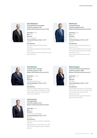 |  Metso Financial Statements 2017  | 85
Investor information
Sami Takaluoma
President, Minerals Consumables
Joined the company in 1997
Member of the Executive Team since 2018
Nationality: Finnish
Born: 1973
Education
M.Sc. in Engineering
Total shareholding as of Dec 31, 2017
91 shares
Key experience
Vice President, Market area Nordics, Metso,
2014–2017
General Manager, Market Area UK  Ireland, Metso,
2010–2014
Various management positions, Wears Business line,
Metso, 2003–2010
Uffe Hansen
President, Recycling
Joined the company in 2016
Member of the Executive Team since 2018
Nationality: Danish
Born: 1969
Education
Master Sc. B.A.
Total shareholding as of Dec 31, 2017
No shares
Key experience
Senior Vice President, Recycling business line,
Metso, 2016–2017
Chief Commercial Officer, Triax A/S, 2013–2016
Vice President, Global Sales and Service, Metso
Recycling, 2011–2013
Various management positions, Stibo Group,
1996–2011
 
John Quinlivan
President, Valves, and Pumps
Joined the company in 1989
Member of the Executive Team since 2015
Nationality: U.S. citizen
Born: 1961
Education
B.S. Mechanical Engineering
Total shareholding as of Dec 31, 2017
3,103 shares
Key experience
Senior Vice President, Global Operations, Metso
Flow Control and Metso Automation, 2012–2015
President, Metso Automation and Field Systems
North America, 2004–2012
Merja Kamppari
Senior Vice President, Human Resources
Joined the company in 2009
Member of the Executive Team since 2011
Nationality: Finnish
Born: 1958
Education
M.Sc. (Econ.)
Total shareholding as of Dec 31, 2017
8,207 shares
Key experience
Head of Operational Excellence, HR and Head of
Global HR, Nokia Siemens Networks, 2007–2009
Vice President, Human Resources, Nokia
Networks, 2005–2007
Several international managerial HR positions,
Nokia Networks, 1998–2005
Jani Puroranta
Chief Digital Officer
Joined the company in 2016
Member of the Executive Team since 2016
Nationality: Finnish
Born: 1974
Education
M.Sc. Economics, MBA (INSEAD)
Total shareholding as of Dec 31, 2017
No shares
Key experience
Director for Analytics and Product Strategy, Bilot,
2014–2016
Managing Director and CEO, Alekstra, 2011–2013
CEO and other managerial positions in Wulff Oy,
2008–2011
 