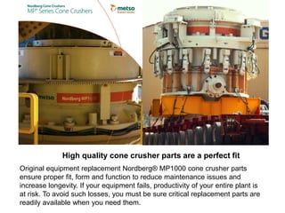 High quality cone crusher parts are a perfect fit
Original equipment replacement Nordberg� MP1000 cone crusher parts
ensure proper fit, form and function to reduce maintenance issues and
increase longevity. If your equipment fails, productivity of your entire plant is
at risk. To avoid such losses, you must be sure critical replacement parts are
readily available when you need them.
 